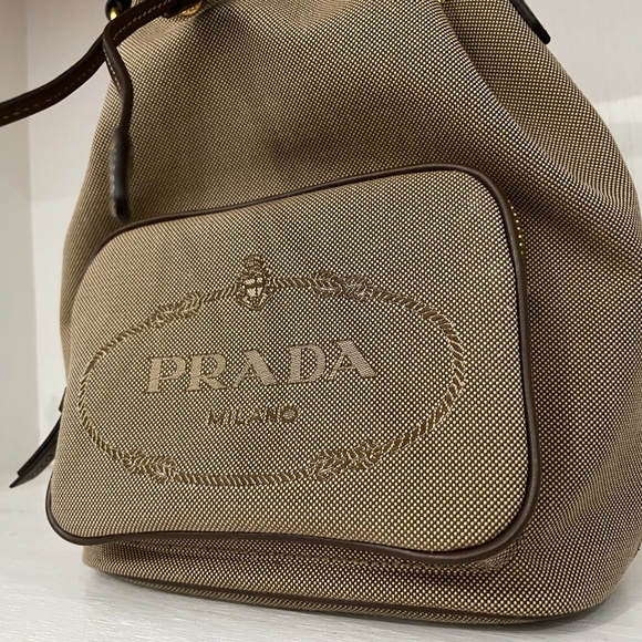 Prada Logo Drawstring Canvas Bucket Bag - Picture 2 of 8